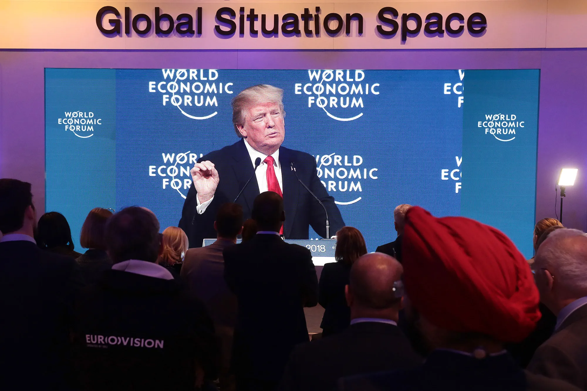 Donald Trump delivering a speech during a special address on the closing day of the World Economic Forum in 2018.&nbsp;