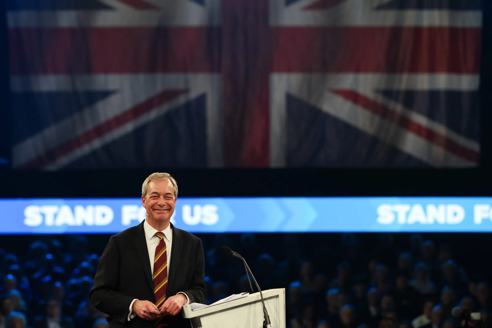 Leader of Reform UK Nigel Farage delivers a speech at the National Exhibition Centre in Birmingham, UK, on Feb. 9.