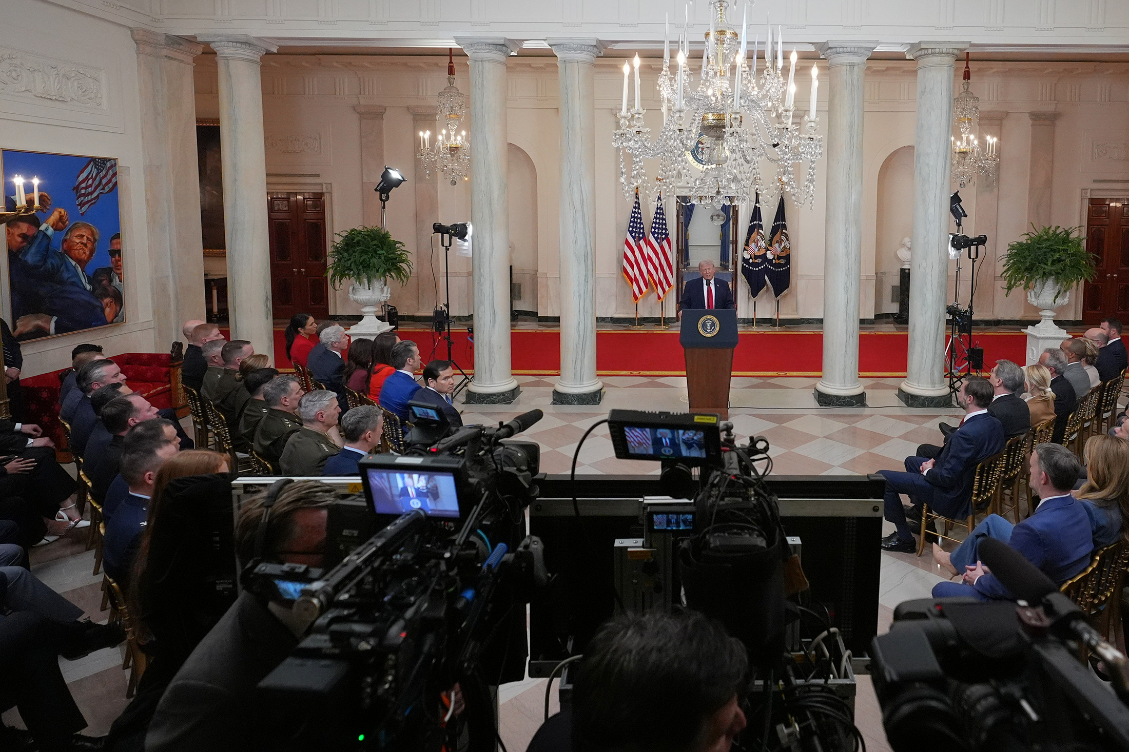 WASHINGTON, DC - APRIL 1: U.S. President Donald Trump speaks from the Cross Hall of the White House on April 1, 2026 in Washington, DC. Trump used the prime-time address to update the nation on the war in Iran. Photographer: Alex Brandon/Pool/Getty Images