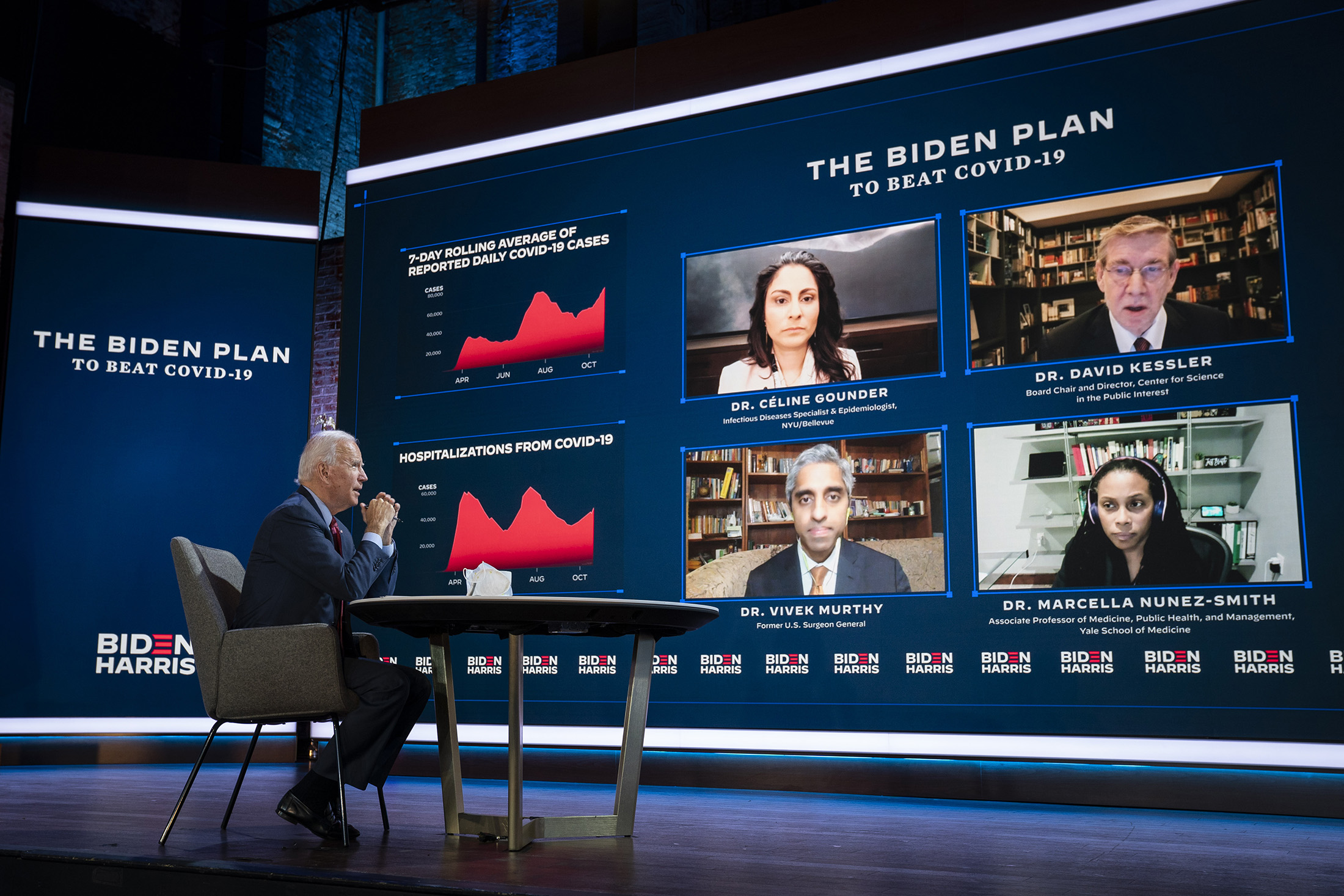 Joe Biden attends a virtual coronavirus briefing with a team of doctors, including Dr. Vivek Murthy, on Oct. 28.