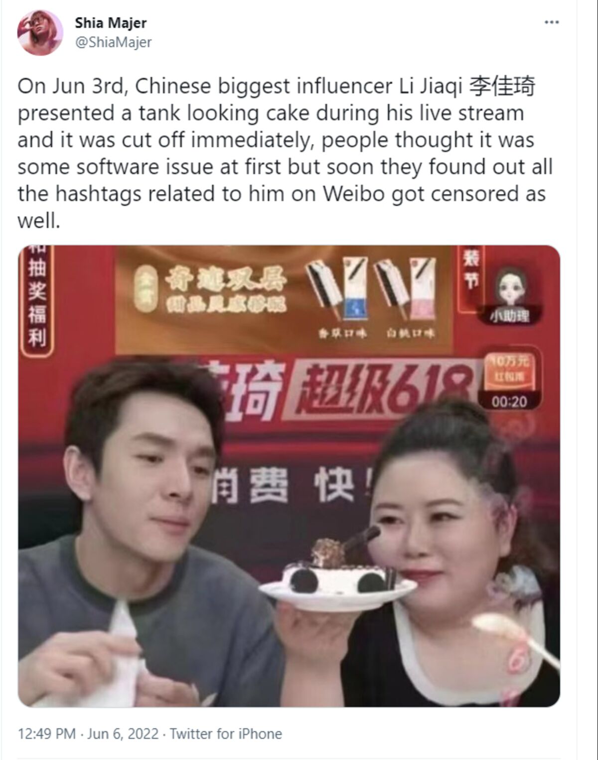 Top China Livestreamer Li Jiaqi Goes Offline After Bringing Out “Tank Cake”  - Bloomberg