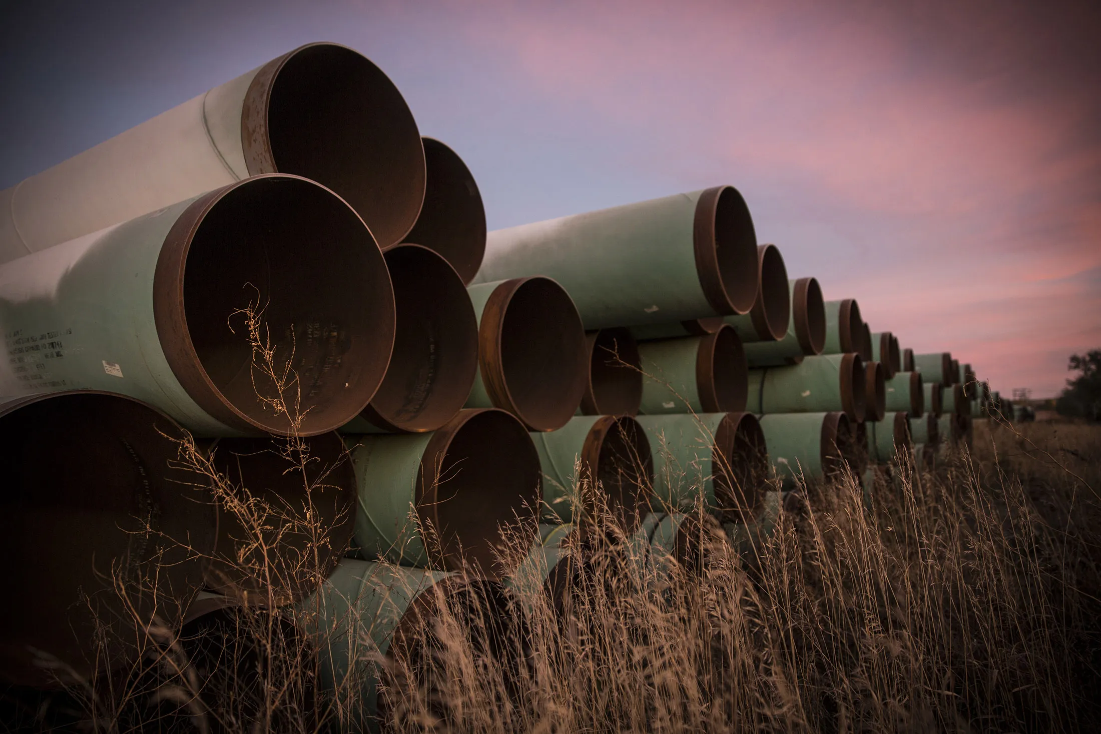Miles of unused pipe, prepared for the proposed Keystone XL pipeline, sit in a lot on Oct.&nbsp;14, 2014 outside Gascoyne, North Dakota.&nbsp;