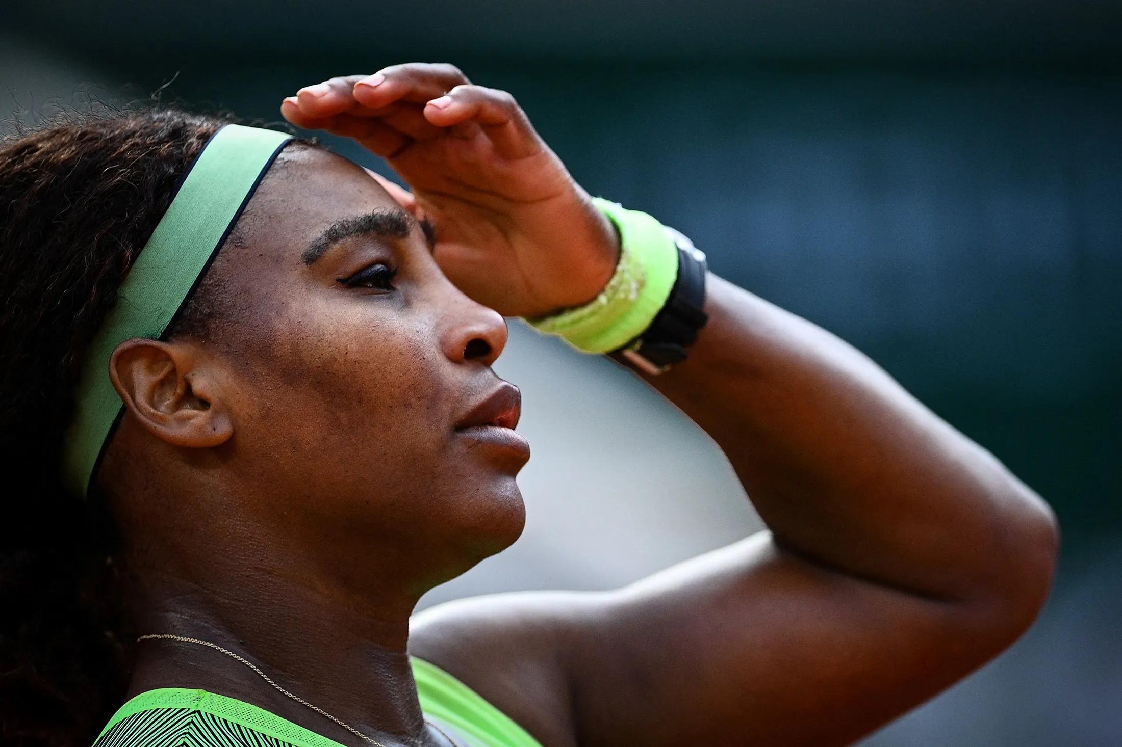 Serena Williams&nbsp;reacts as she plays against&nbsp;Elena Rybakina during the Roland Garros 2021 French Open tennis tournament in Paris on June 6.