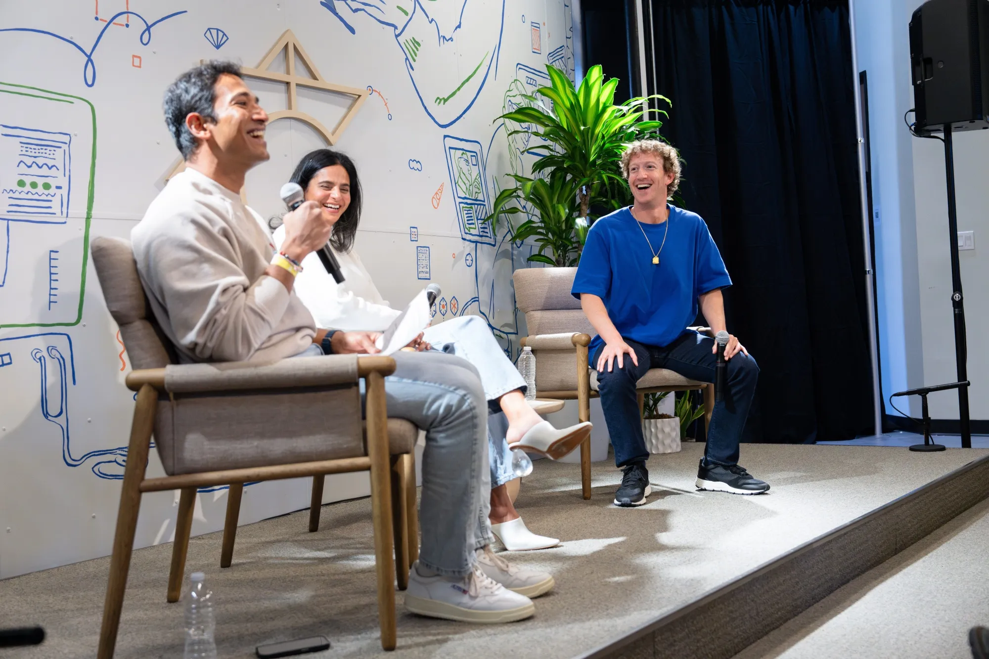 South Park Commons husband-and-wife team&nbsp;Aditya Agarwal (left) and&nbsp;Ruchi Sanghvi host Mark Zuckerberg at the firm’s offices.&nbsp;
