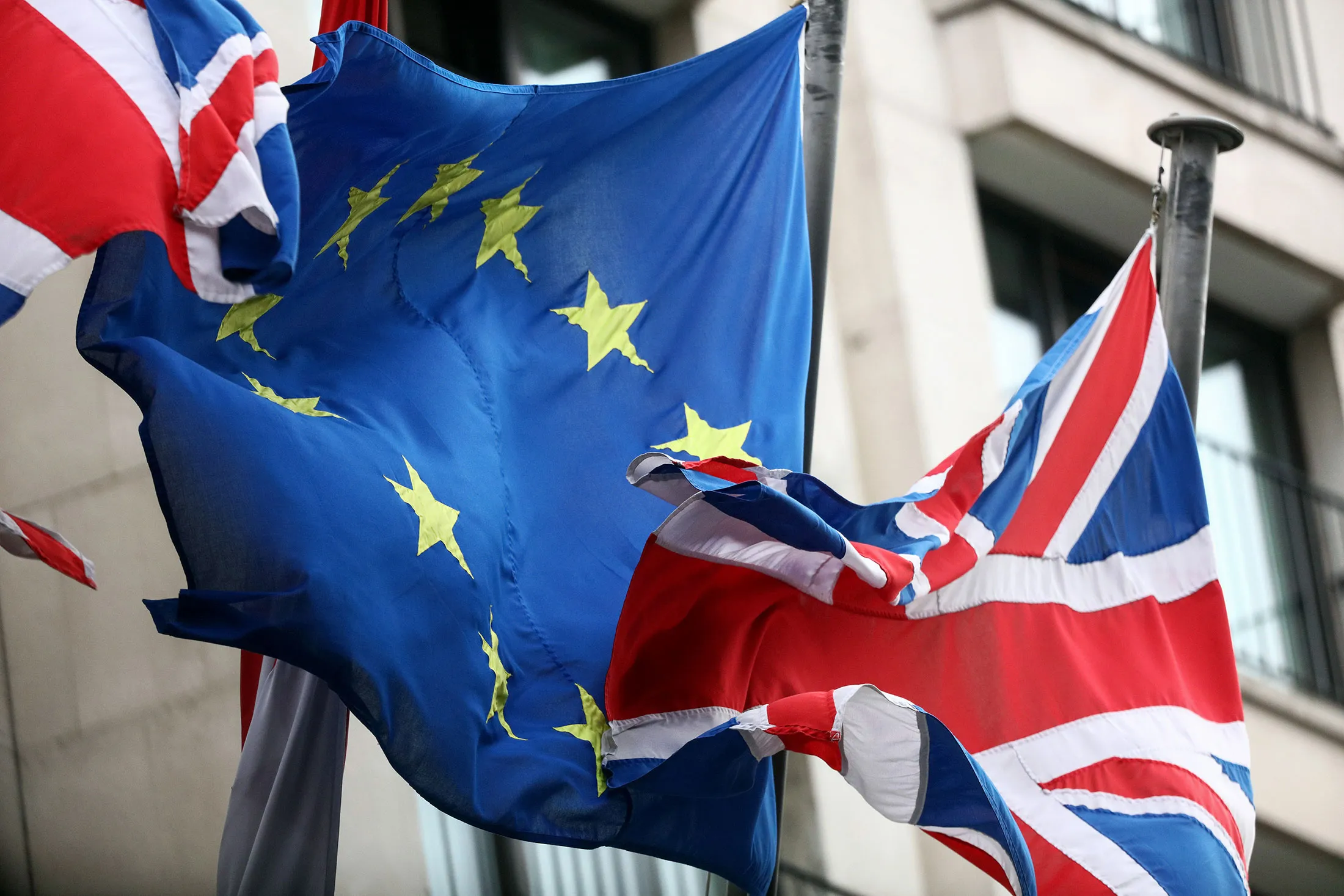 European Union Flags And Union Flags Flying Together As Brexit Vote Date May Be Decided This Week