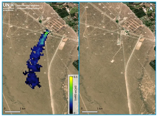 Imágenes satelitales del antes y después del lugar donde se detuvo una fuga de metano en Argentina en marzo.