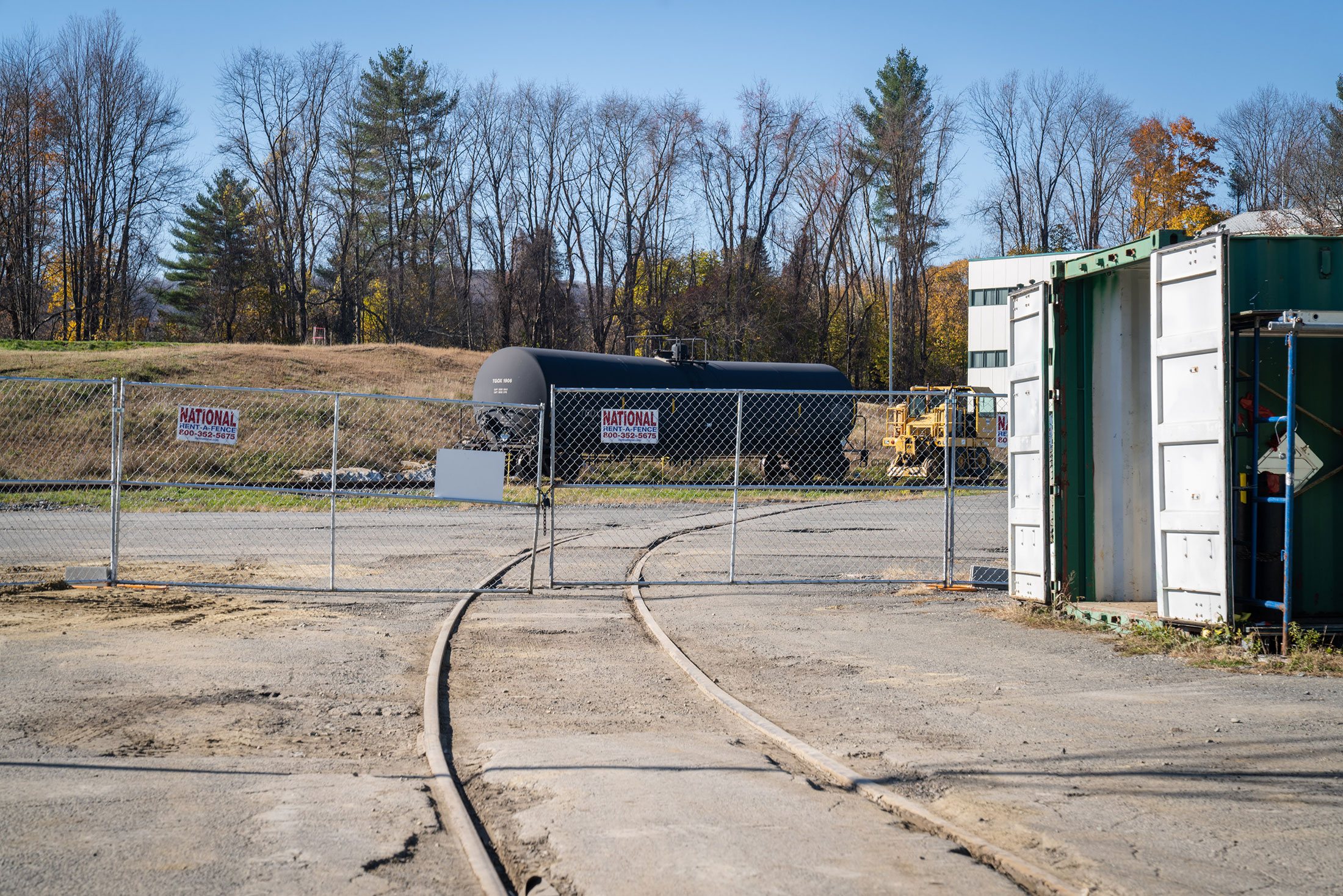A nuclear rail car that is used to ship radioactive material to a radioactive waste facility in Texas are stationed at the Vermont Yankee Nuclear Power Station in Vernon, Vermont on Nov. 3rd, 2022.