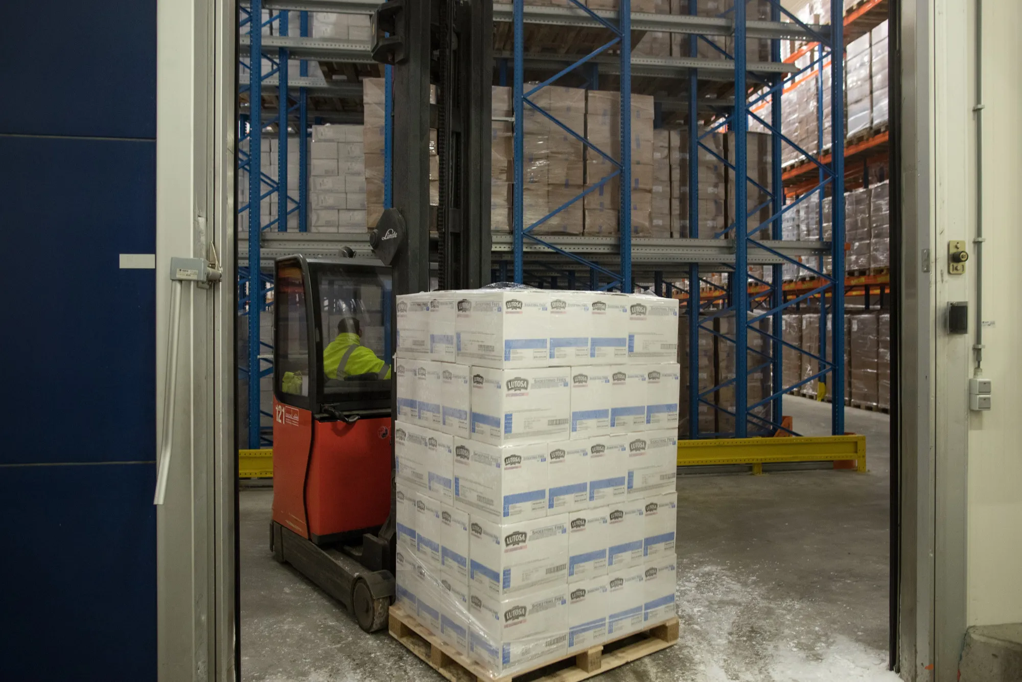 A pallet of Lutosa Foods shoestring fries inside a storage freezer in&nbsp;Antwerp, Belgium.
