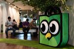 PT Tokopedia's mascot Toped sits on display in the reception area at the company's offices in Jakarta, Indonesia. 