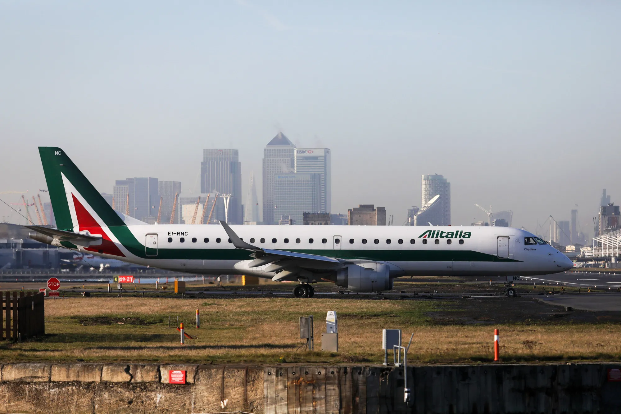 An&nbsp;aircraft&nbsp;operated by Alitalia SpA.at London City Airport.&nbsp;