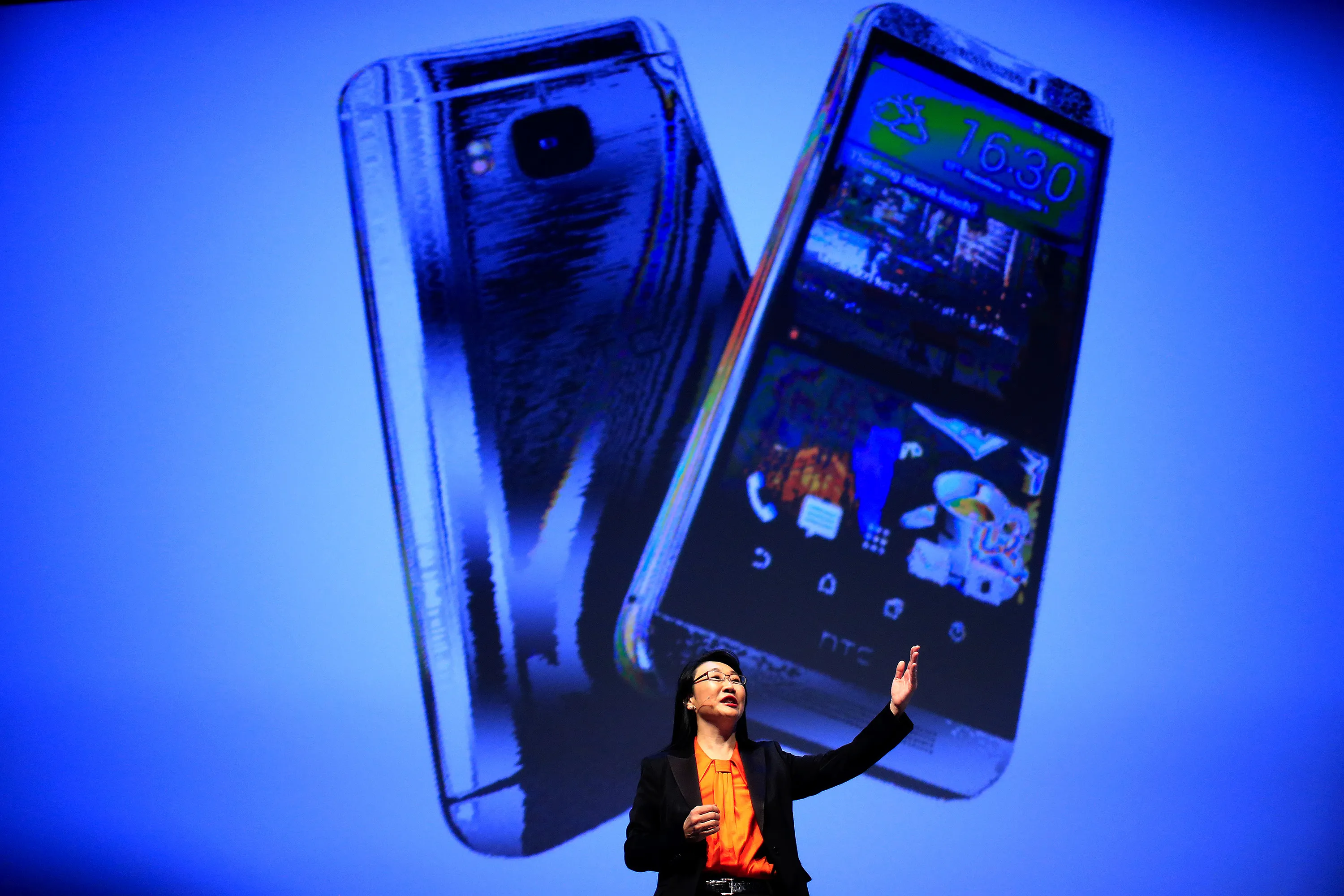 Cher Wang, co-founder and chairwoman of HTC, gestures while speaking during a news conference ahead of the Mobile World Congress 2015 in Barcelona on March 1, 2015.
