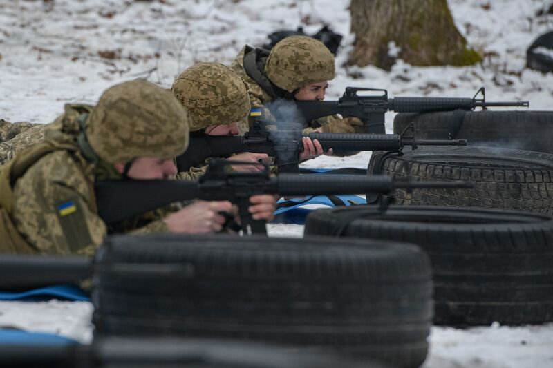 Cadets conduct training with American Colt M16A4 assault rifles at the Taras Shevchenko Military Institute in Kyiv region, Ukraine.