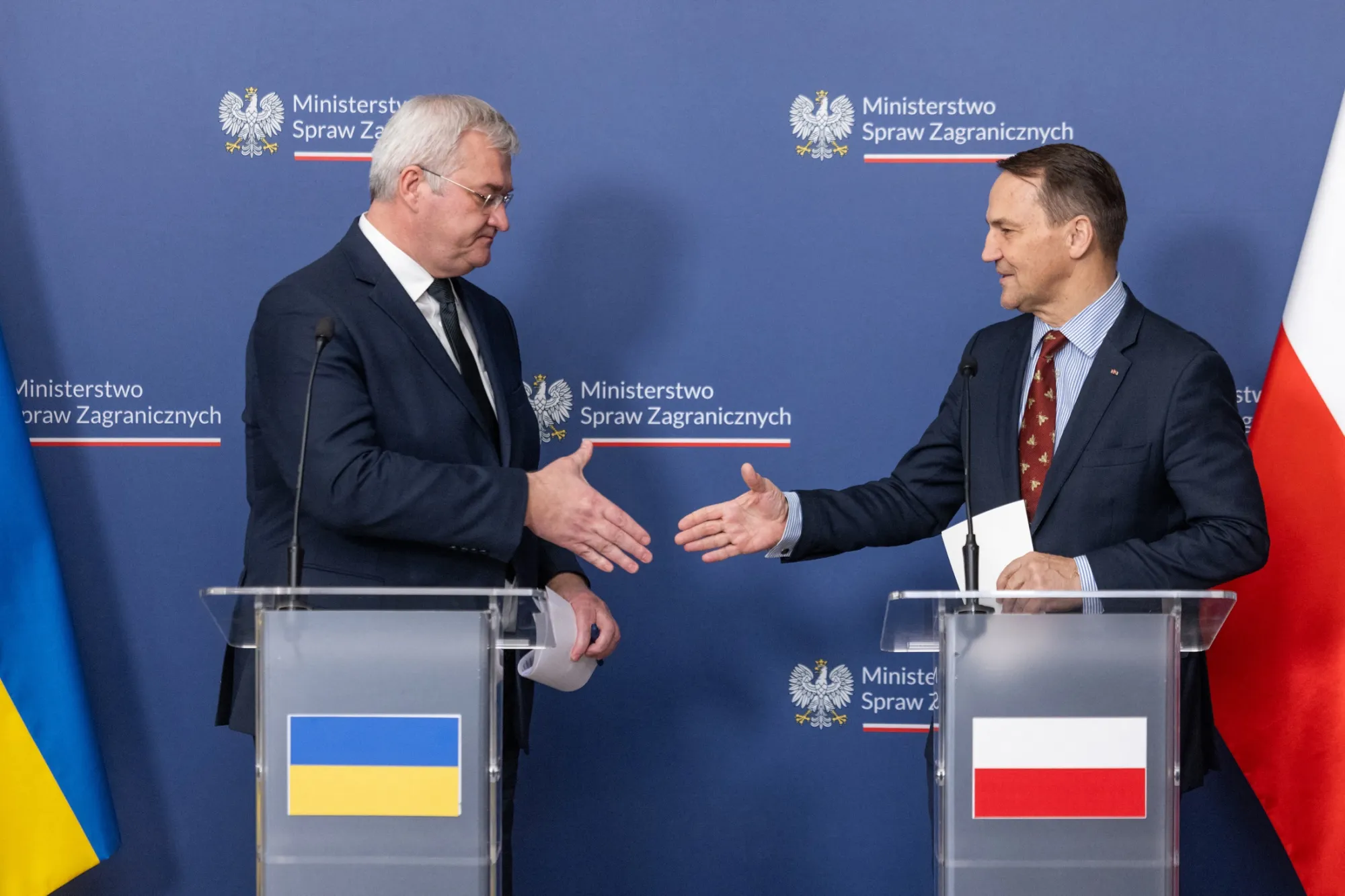 Radoslaw Sikorski, right, and Andrii Sybiha in Warsaw on Nov. 26.