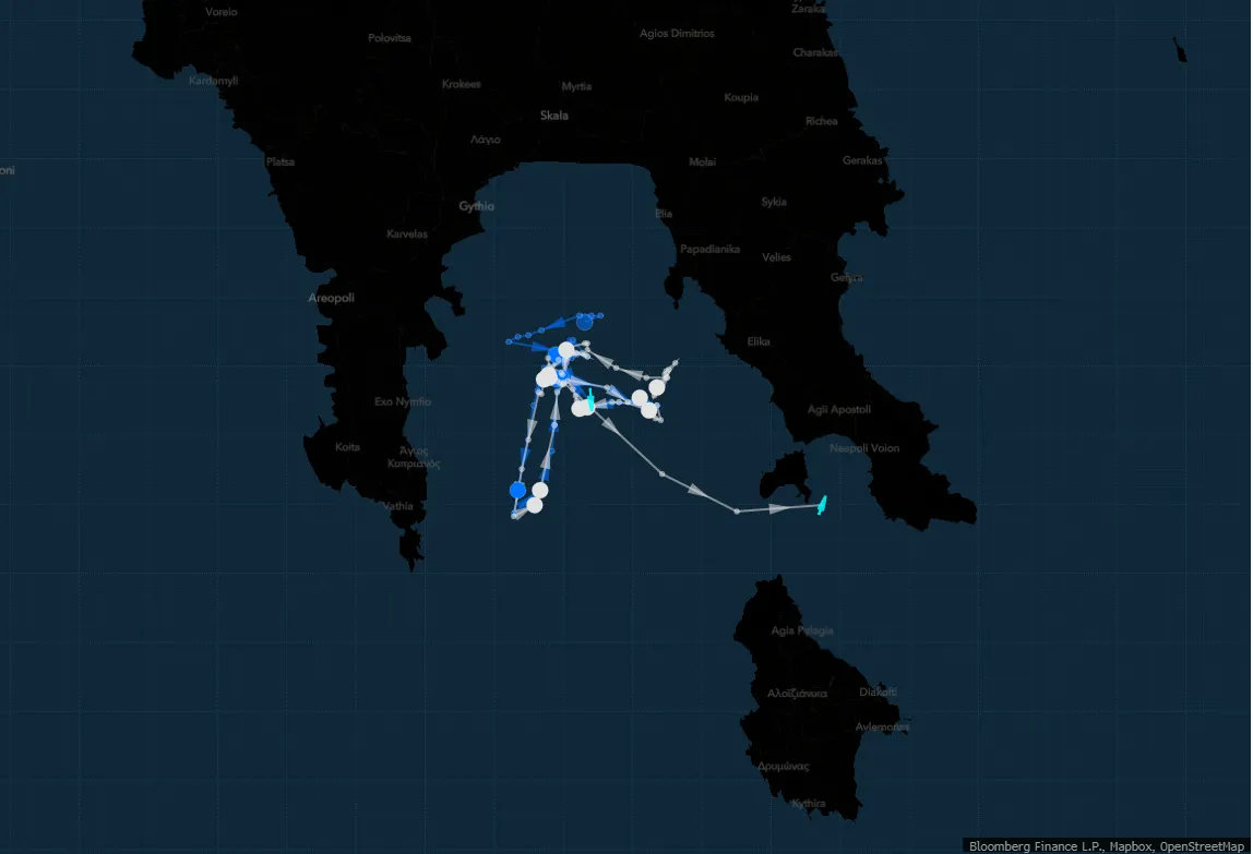 A typical ship-to-ship transfer of Russian crude in Greece’s Bay of Lakonikos