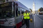Muni bus driver Brendan Bartholomew in San Francisco in July.