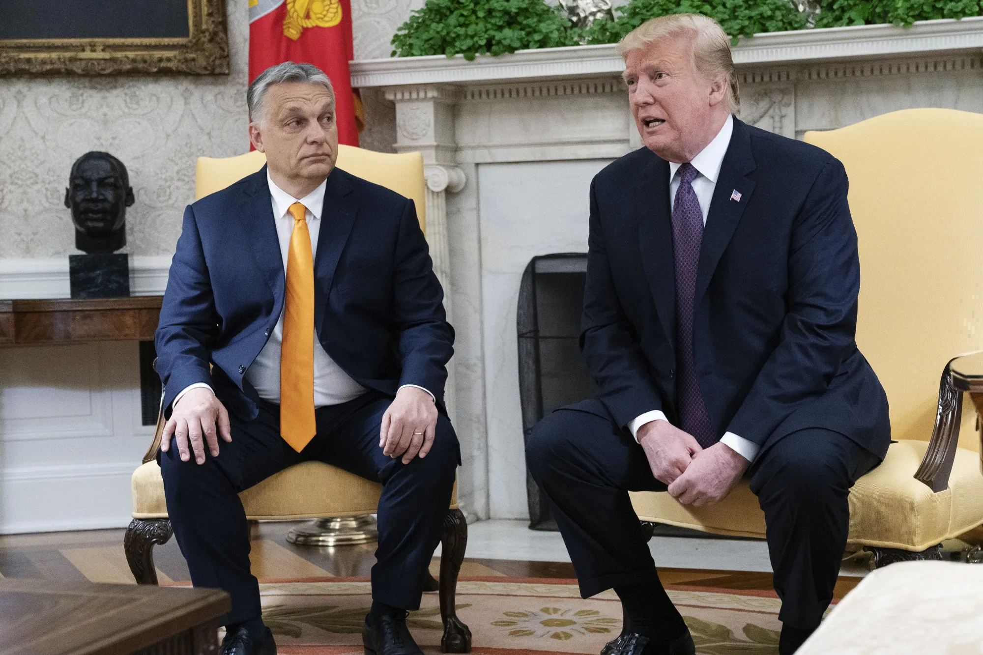 U.S. President Donald Trump, right, speaks while Viktor Orban, Hungary's prime minister, listens during a meeting at the White House in Washington, D.C. on&nbsp;May 13, 2019.&nbsp;