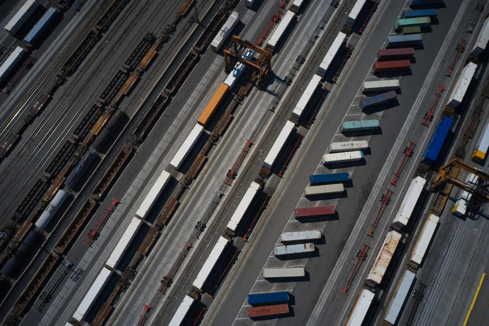Shipping containers at a rail terminal in Commerce, California.