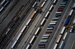 Shipping containers at a rail terminal in Commerce, California.