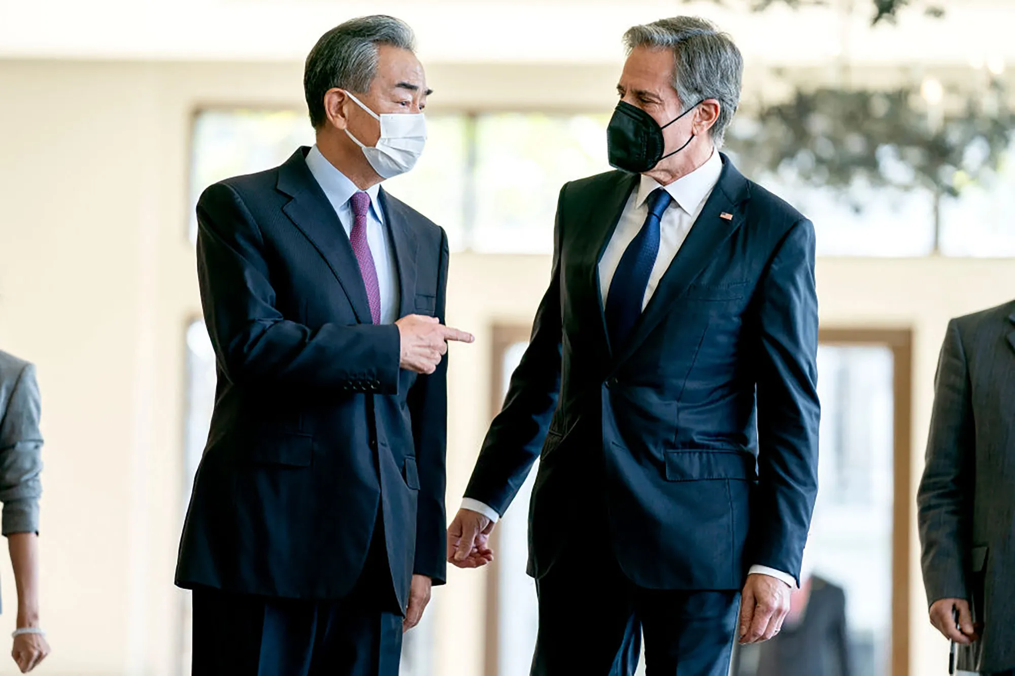 Wang Yi talks to Antony Blinken before a meeting in Nusa Dua in Bali, on July 9.&nbsp;