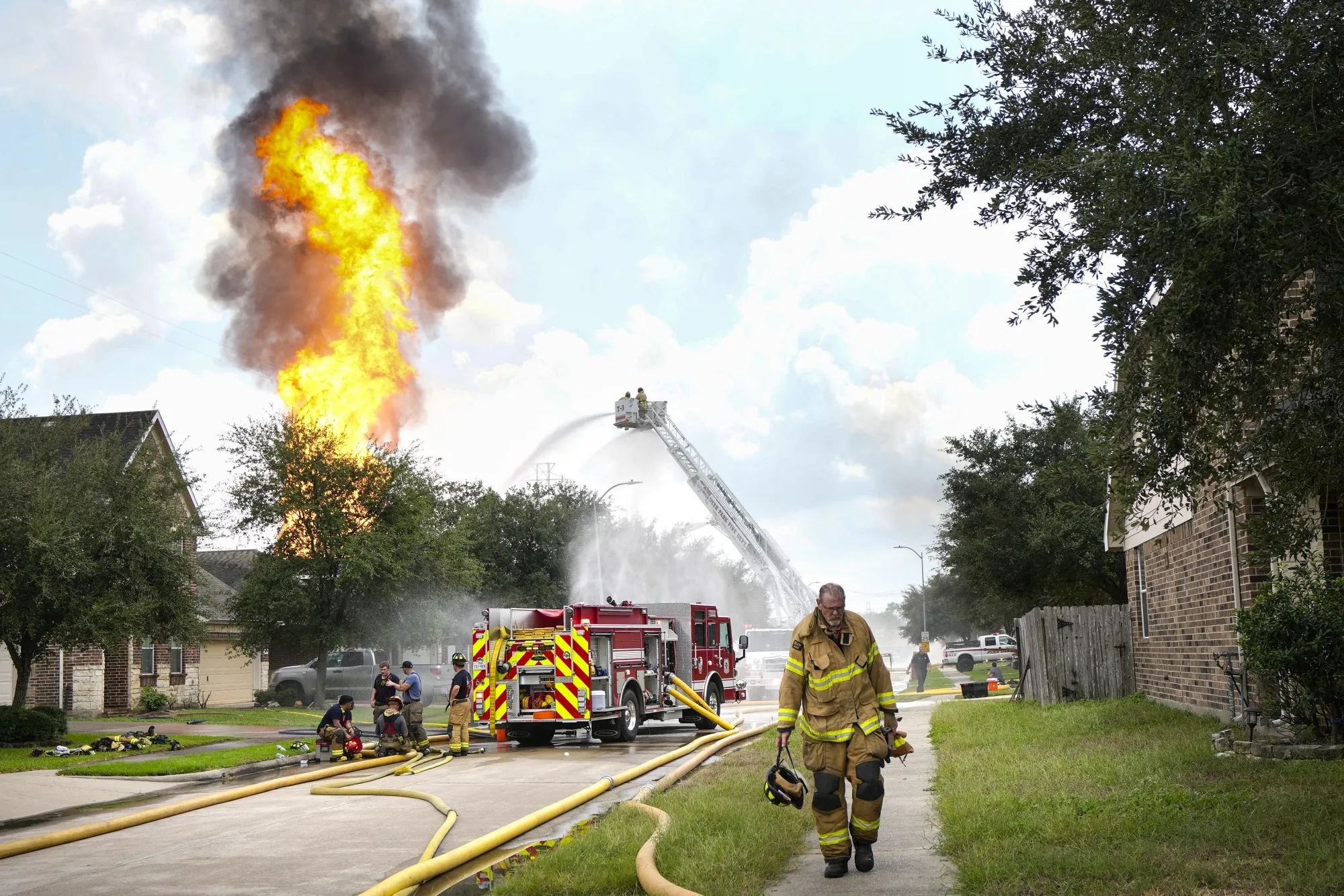 Firefighters battle a blaze from a pipeline carrying liquified natural gas in La Porte, Texas, on&nbsp;Sept. 16.