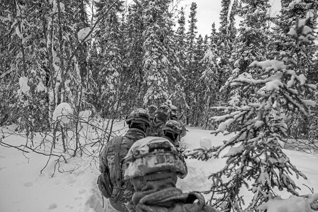 Soldiers move through a snow-covered forest during Arctic training.