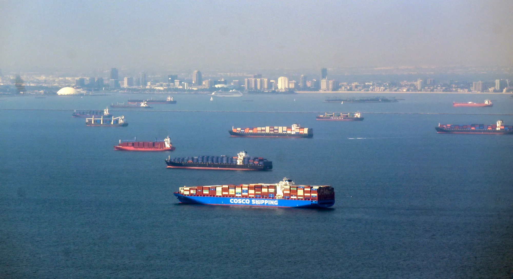Container vessels&nbsp;off shore from the Long Beach/Los Angeles port complex.