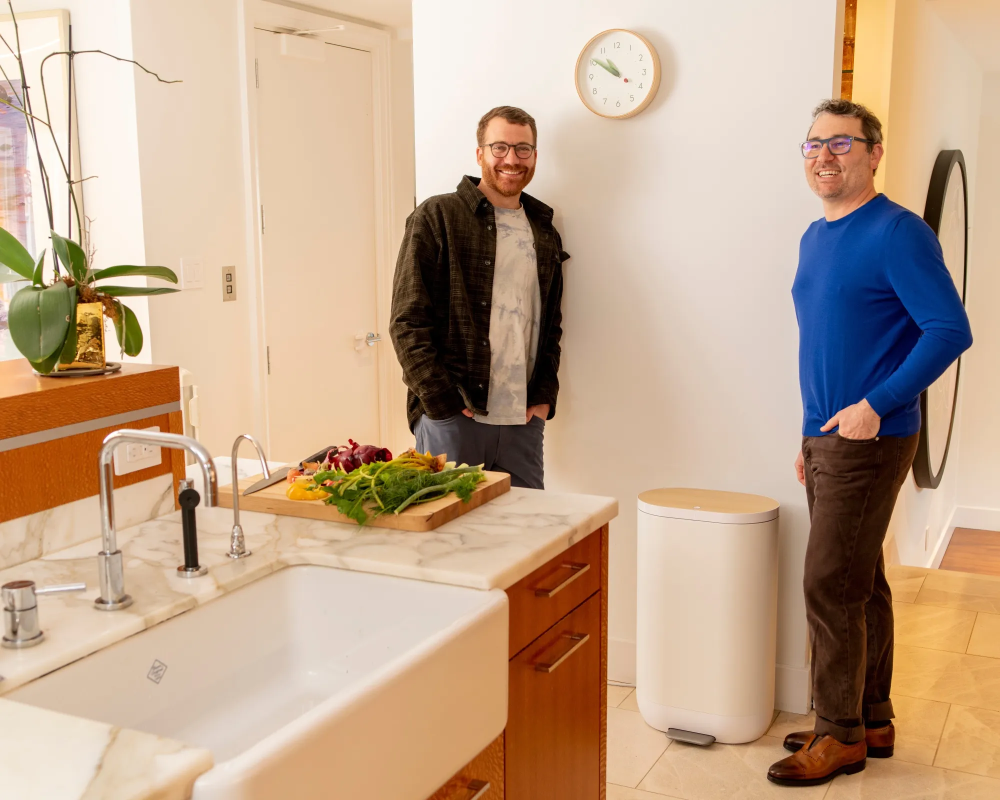 Harry Tannenbaum, left, and Matt Rogers, with a prototype of the Mill Kitchen Bin.&nbsp;