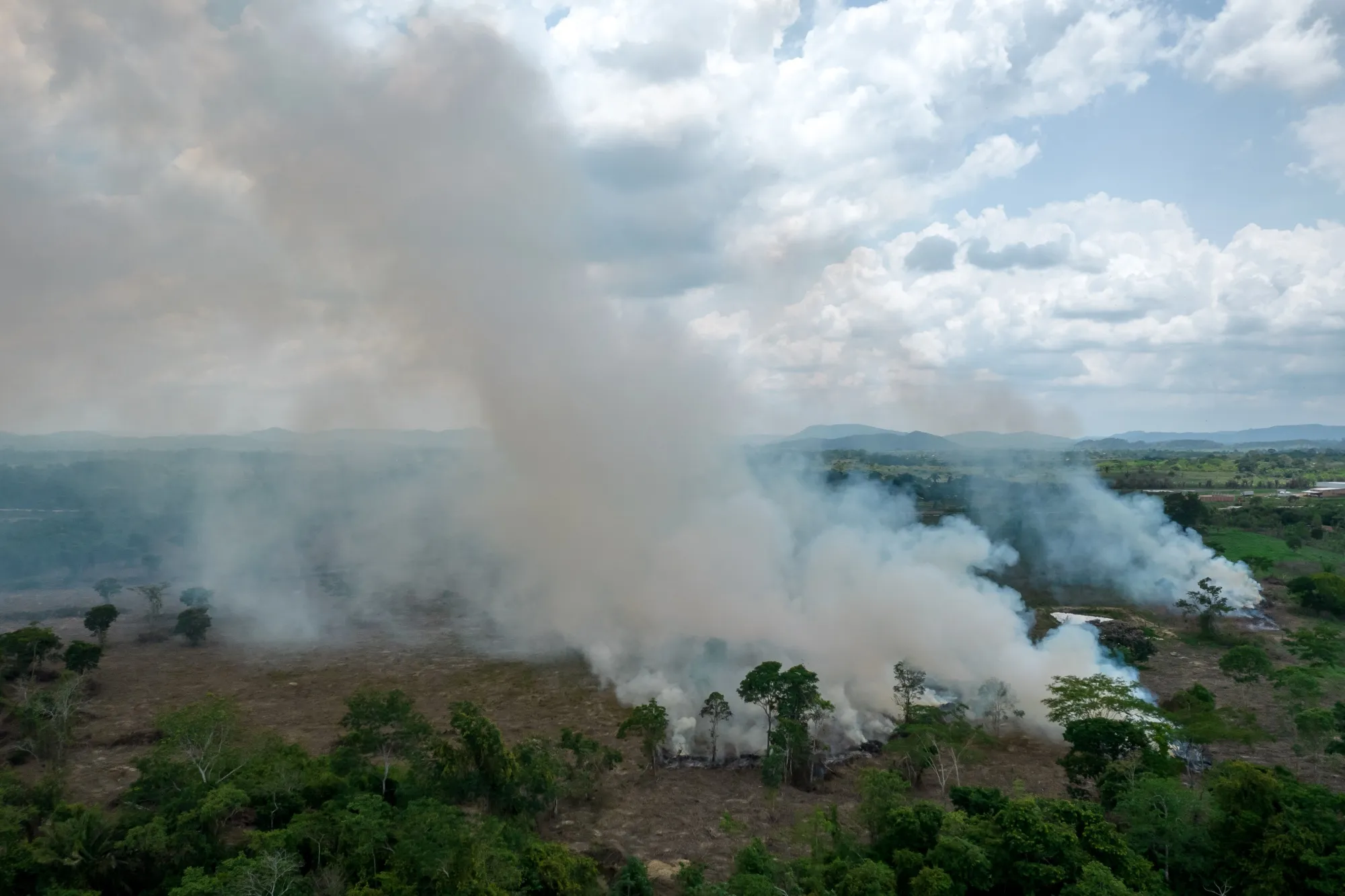 A fire burns in the Amazon Rainforest.