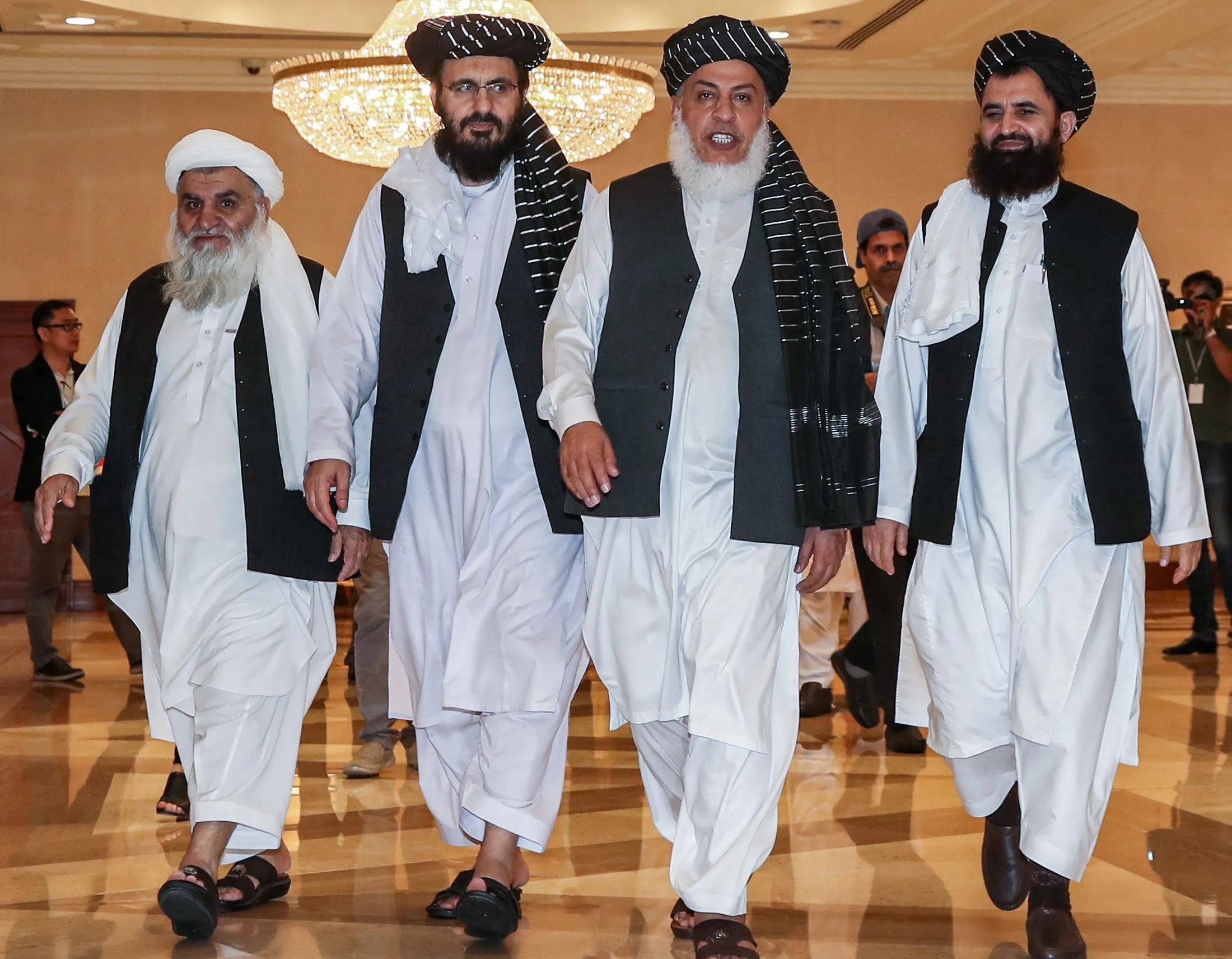 Taliban negotiators&nbsp;during Afghan&nbsp;talks in the Qatari capital Doha.