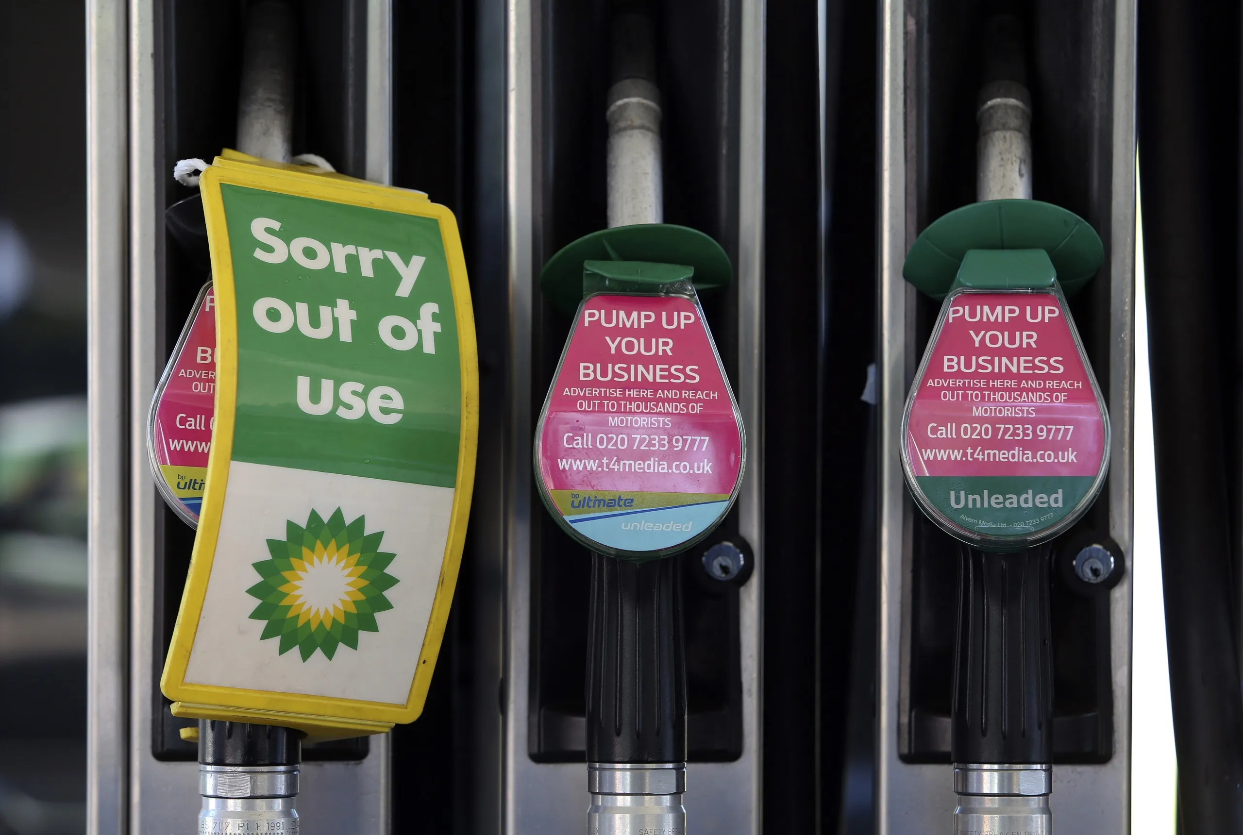 A 'Sorry, out of use' sign on a diesel fuel pump at a gas station&nbsp;in London.