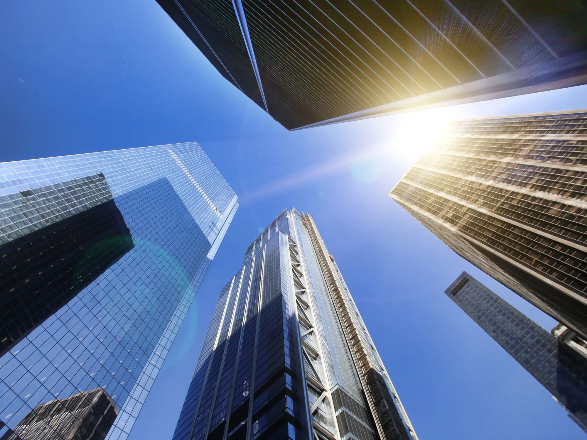Converging perspective, view from below of office towers at the World Trade Center site in Lower Manhattan, New York City, USA