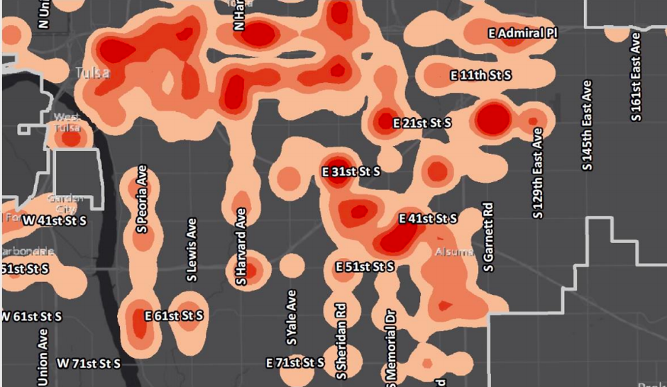 Tulsa's team of volunteer data analysts mapped water main shut-offs in city tracts to help predict moves in and out of the community. 