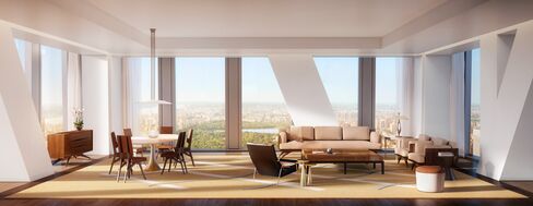 Rendering of a living room with Central Park view at 53W53.