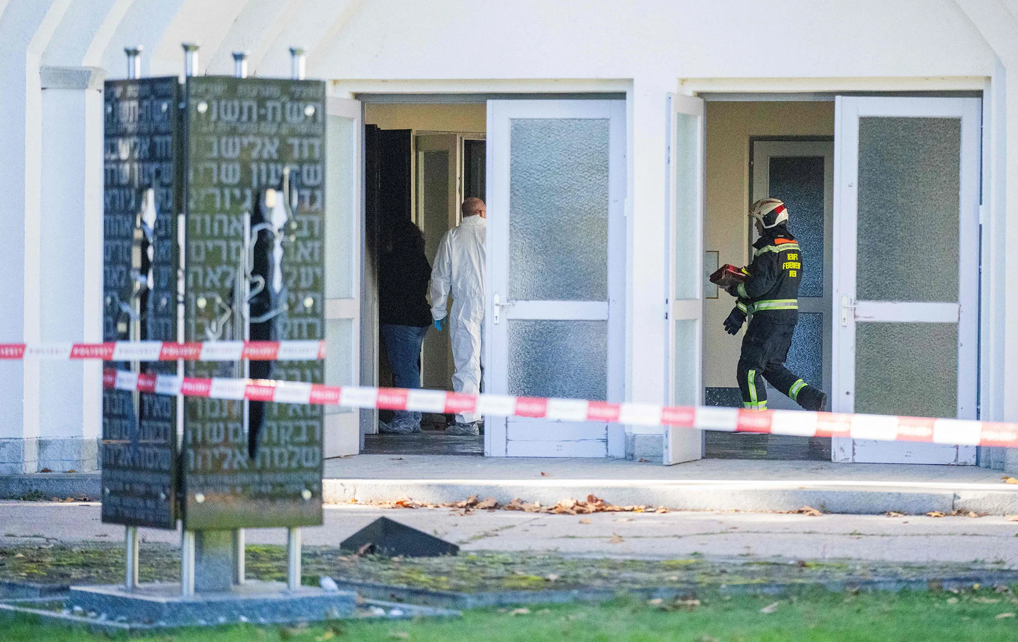 Police investigate the site at&nbsp;the Jewish area of the Central Cemetery following a fire in Vienna, Austria on Nov. 1
