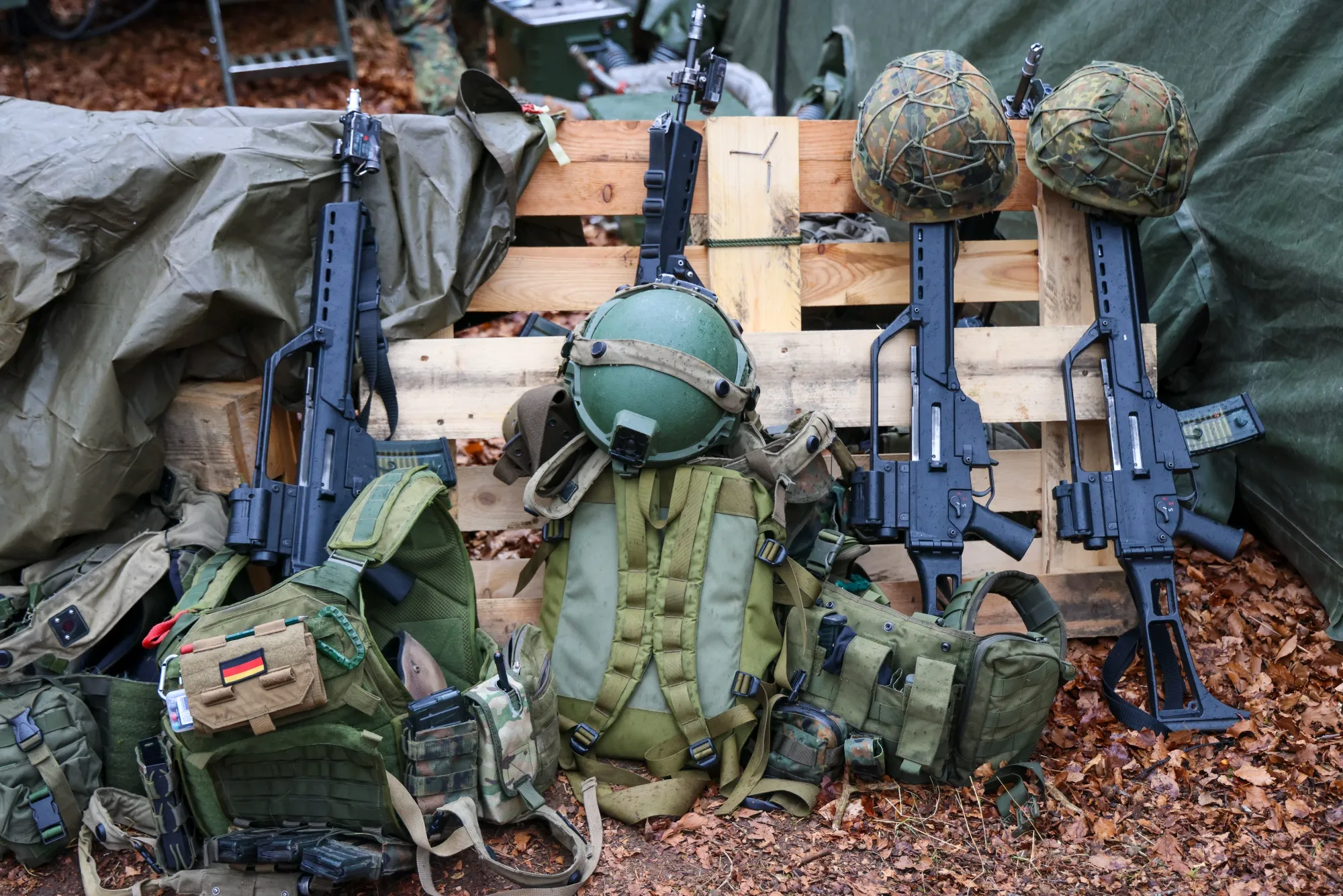 Military equipment during a multinational training exercise at the Hohenfels Training Area in Hohenfels, Germany.