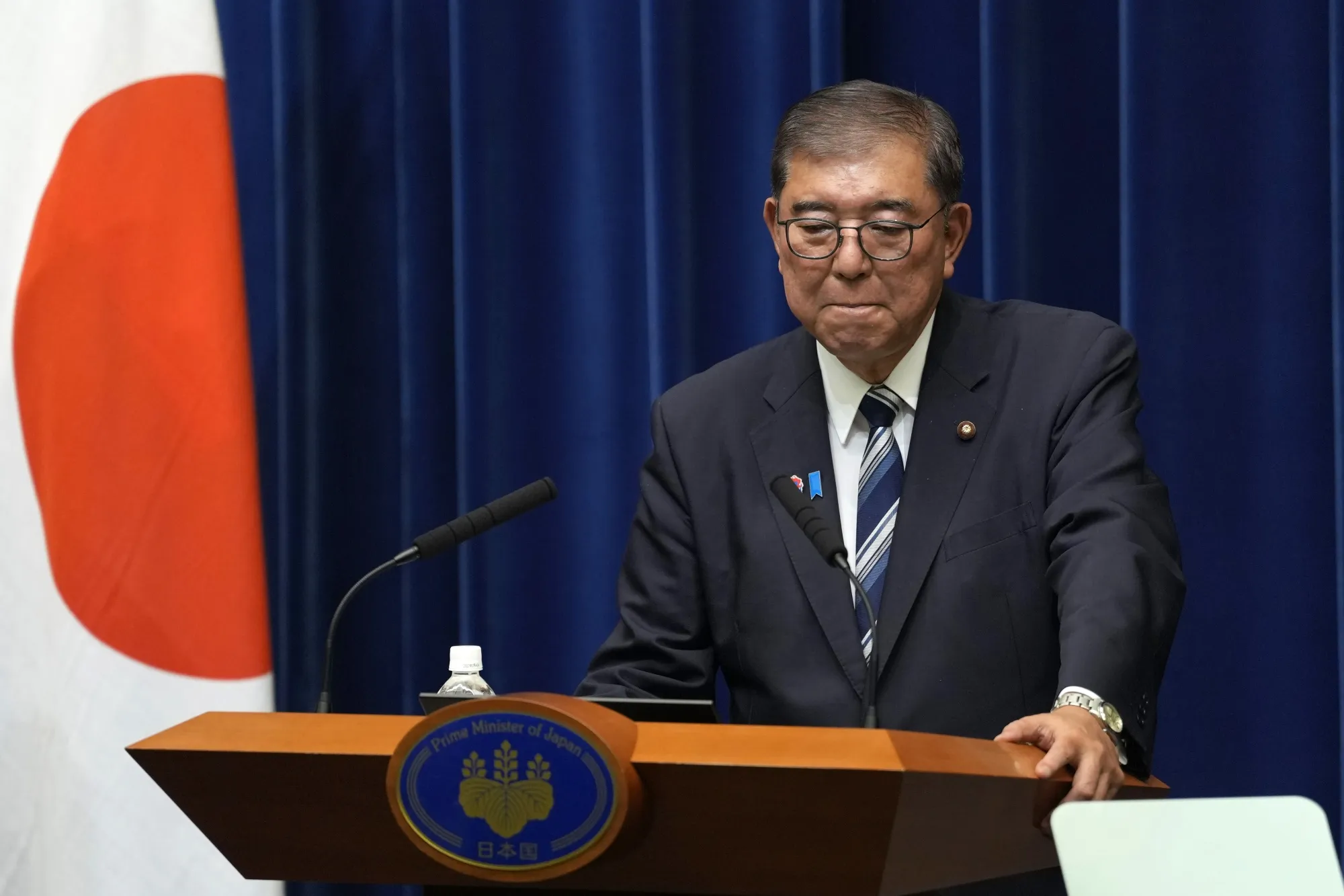 Shigeru Ishiba resigns during a news conference, on Sept. 7.