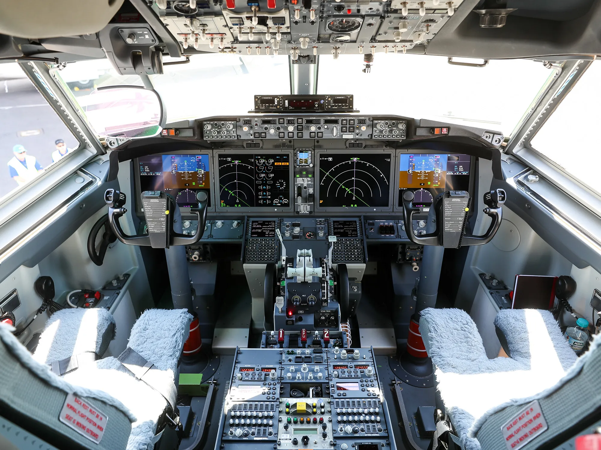 Instruments and controls sit in the cockpit of a Boeing 737 Max jetliner.