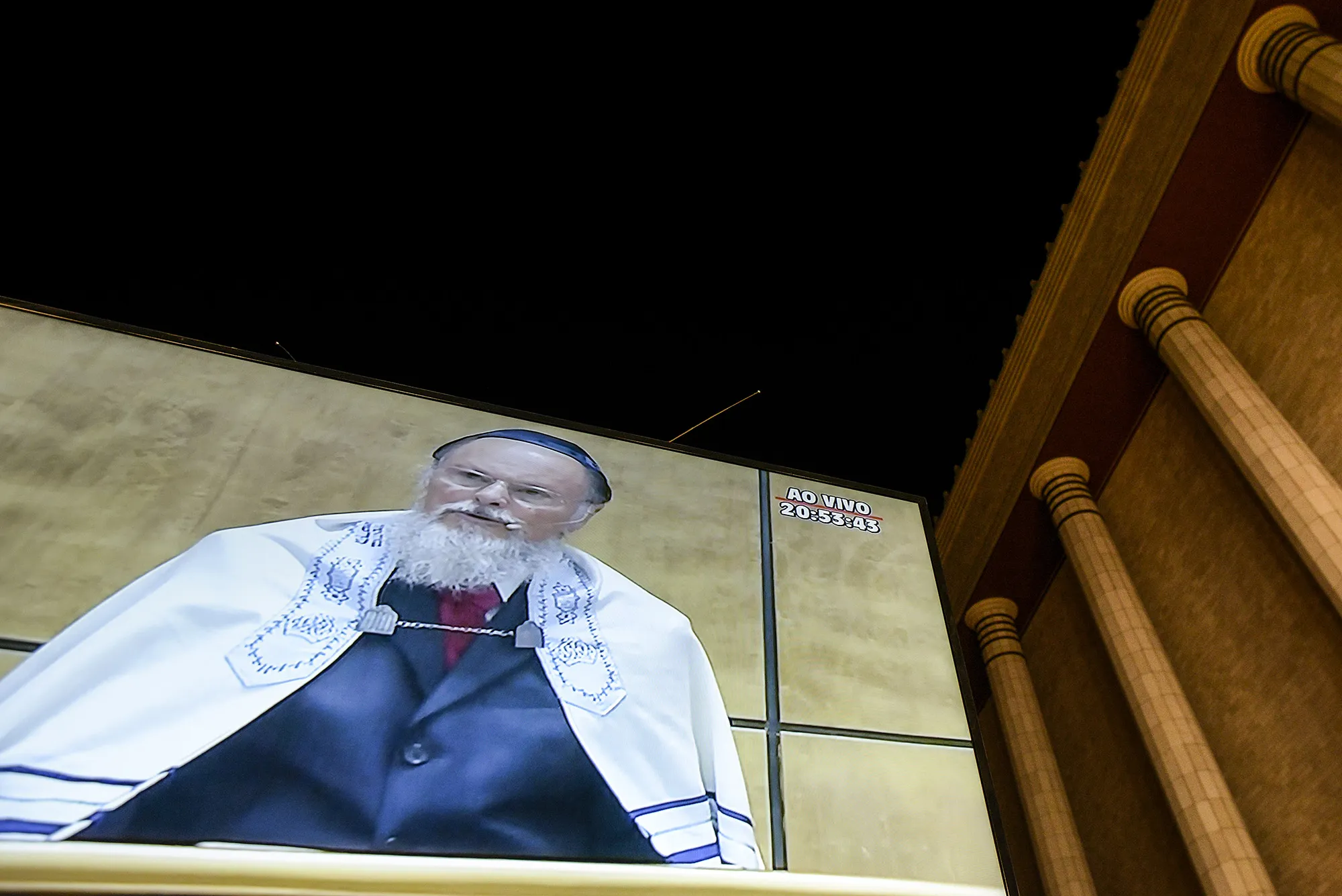Edir Macedo&nbsp;is projected on a screen displayed outside a replica of Solomon's Temple during its inauguration ceremony in Sao Paulo, Brazil, on&nbsp;July 31, 2014.&nbsp;
