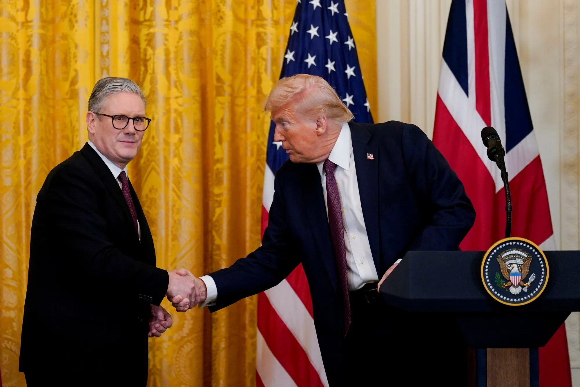 Keir Starmer, left, and Donald Trump during a news conference in the East Room of the White House in Washington, DC, on Feb. 27.