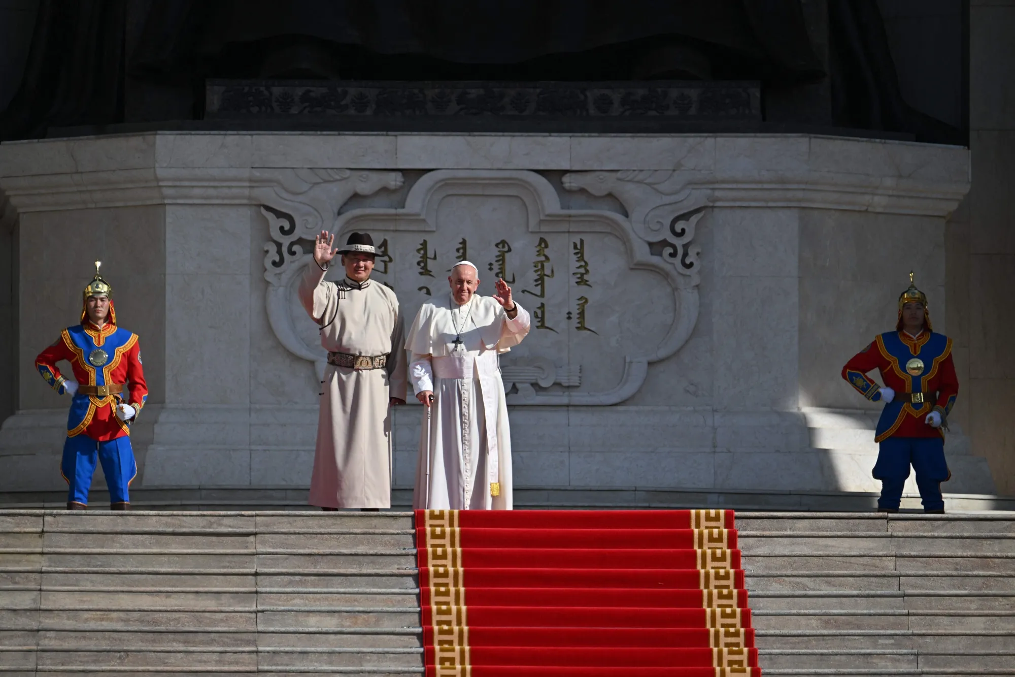 Pope Francis, right, with Ukhnaagiin Khurelsukh during a welcome ceremony at Sukhbaatar Square in Ulaanbaatar on Sept. 2.