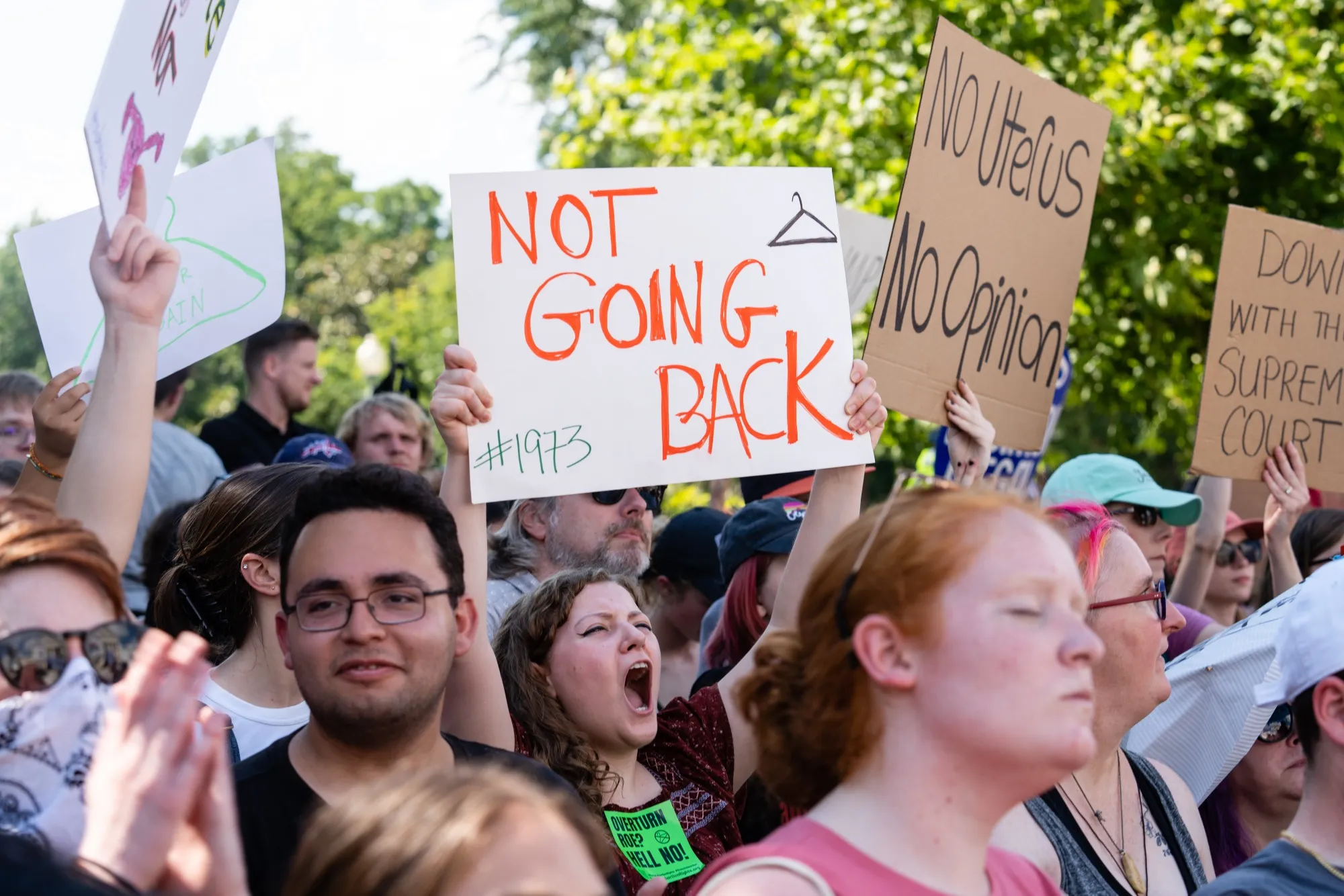 Abortion rights demonstrators chant outside the US Supreme Court in Washington, D.C., US, on Saturday, June 25, 2022.&nbsp;