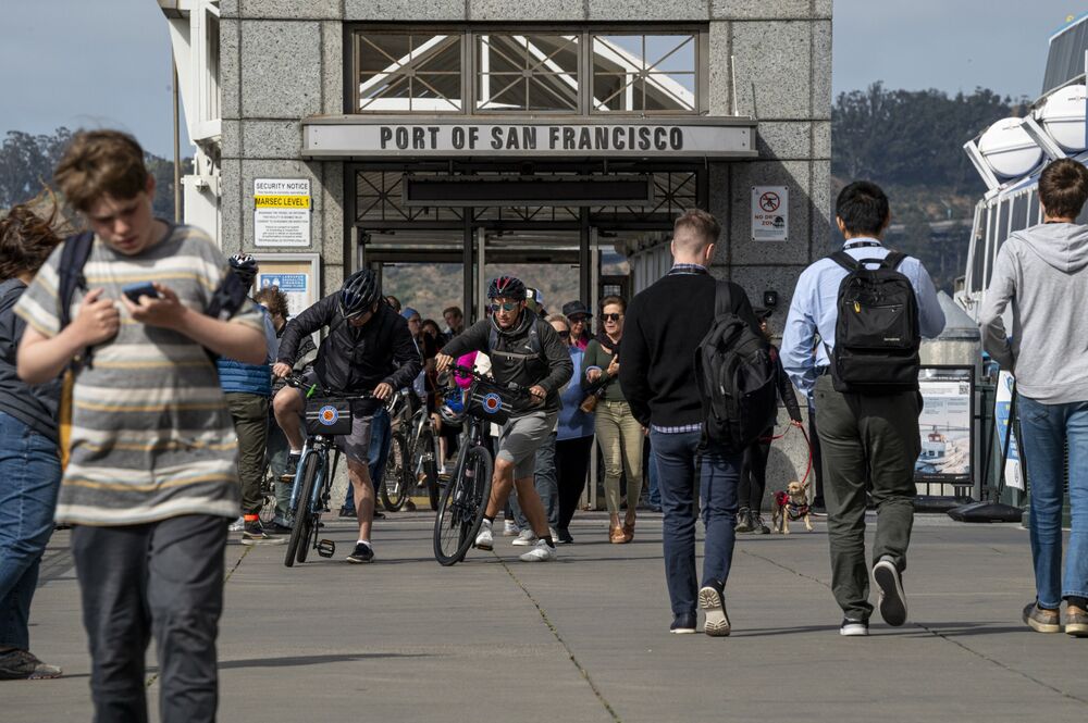 Commuters at the ferry pier in San Francisco, California, US.