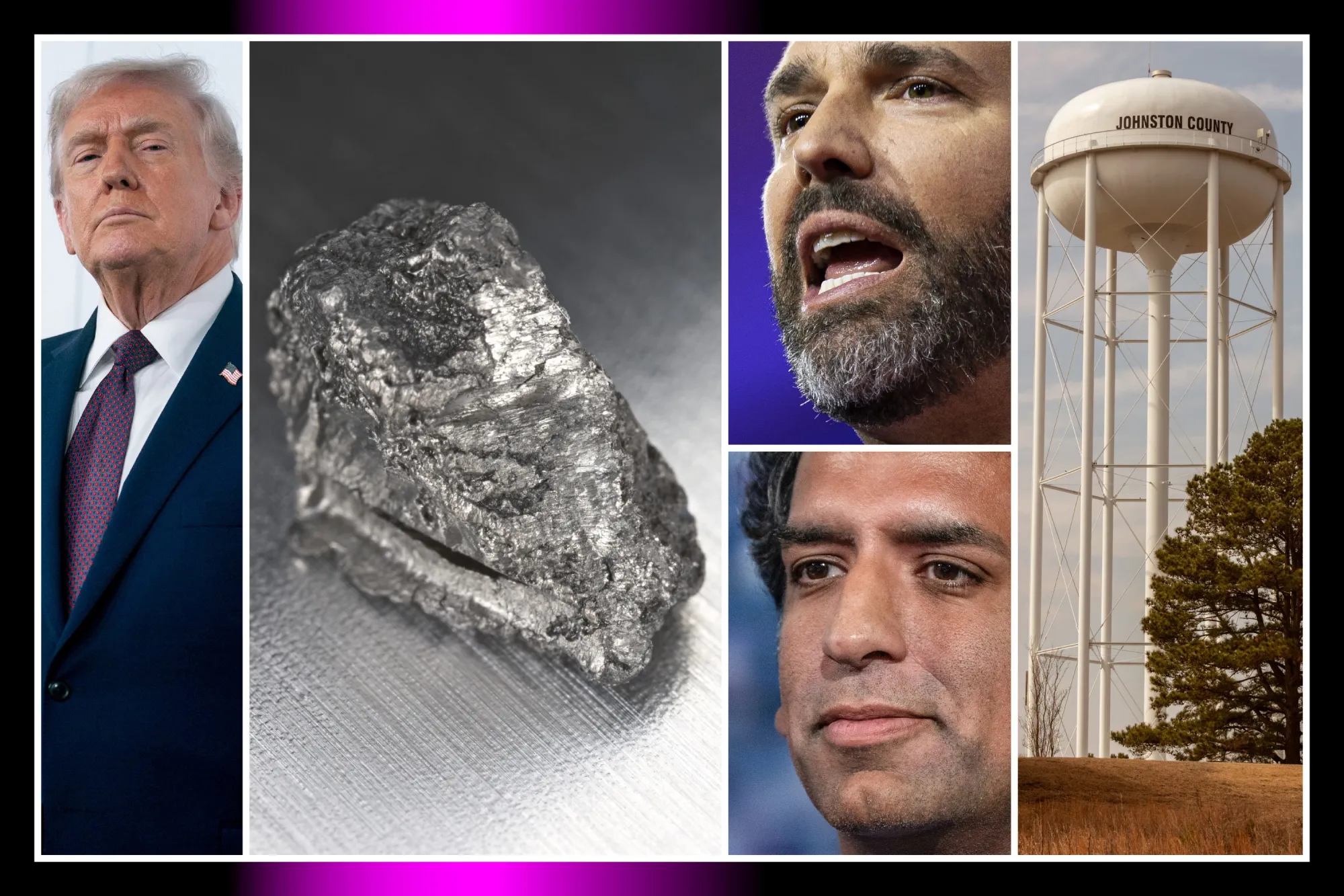 President Donald Trump; the rare-earth metal neodymium;&nbsp;Donald Trump&nbsp;Jr. (above); 1789 Capital co-founder Omeed Malik&nbsp;(below);&nbsp;a water tower in Johnston County, North Carolina.