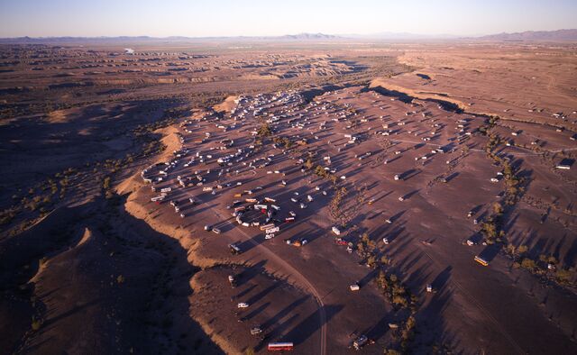 Aerial view of motor homes in Arizona desert.