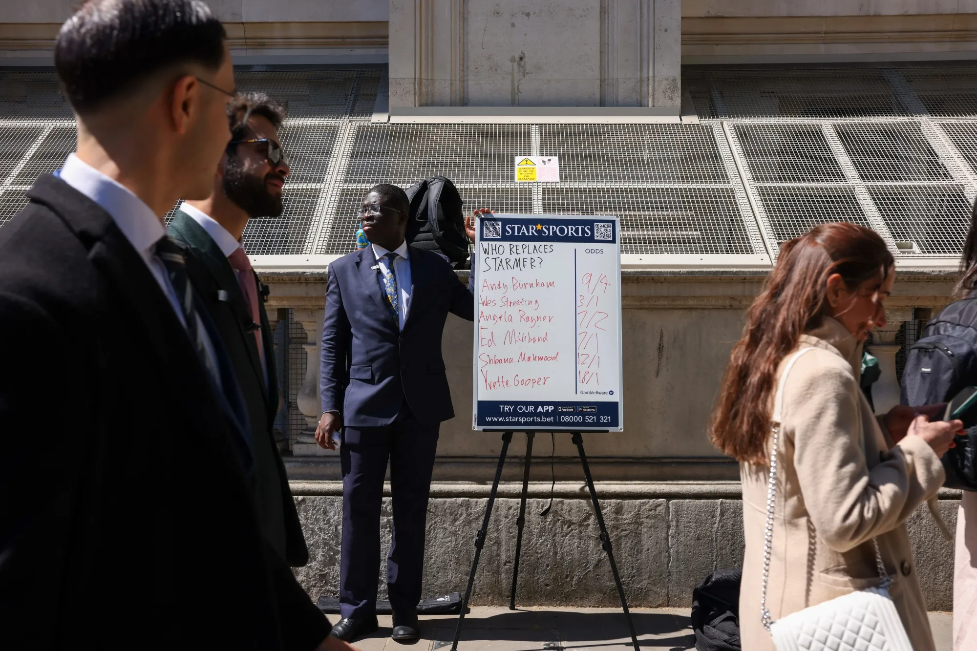 A board with betting odds of potential replacements for UK Prime Minister Keir Starmer in London, UK, on Tuesday, May 12, 2026.