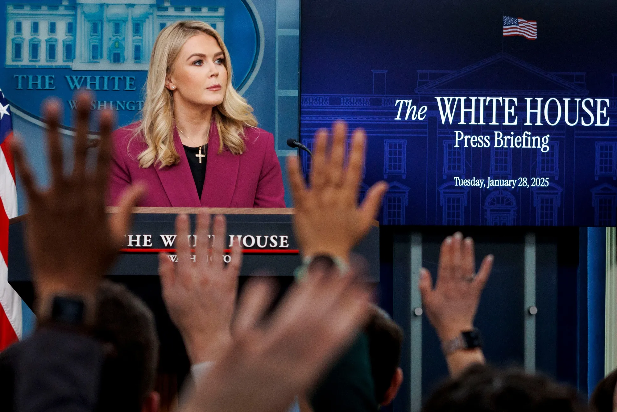 Karoline Leavitt during a news conference in the James S. Brady Press Briefing Room of the White House in Washington, DC, on Jan. 28.