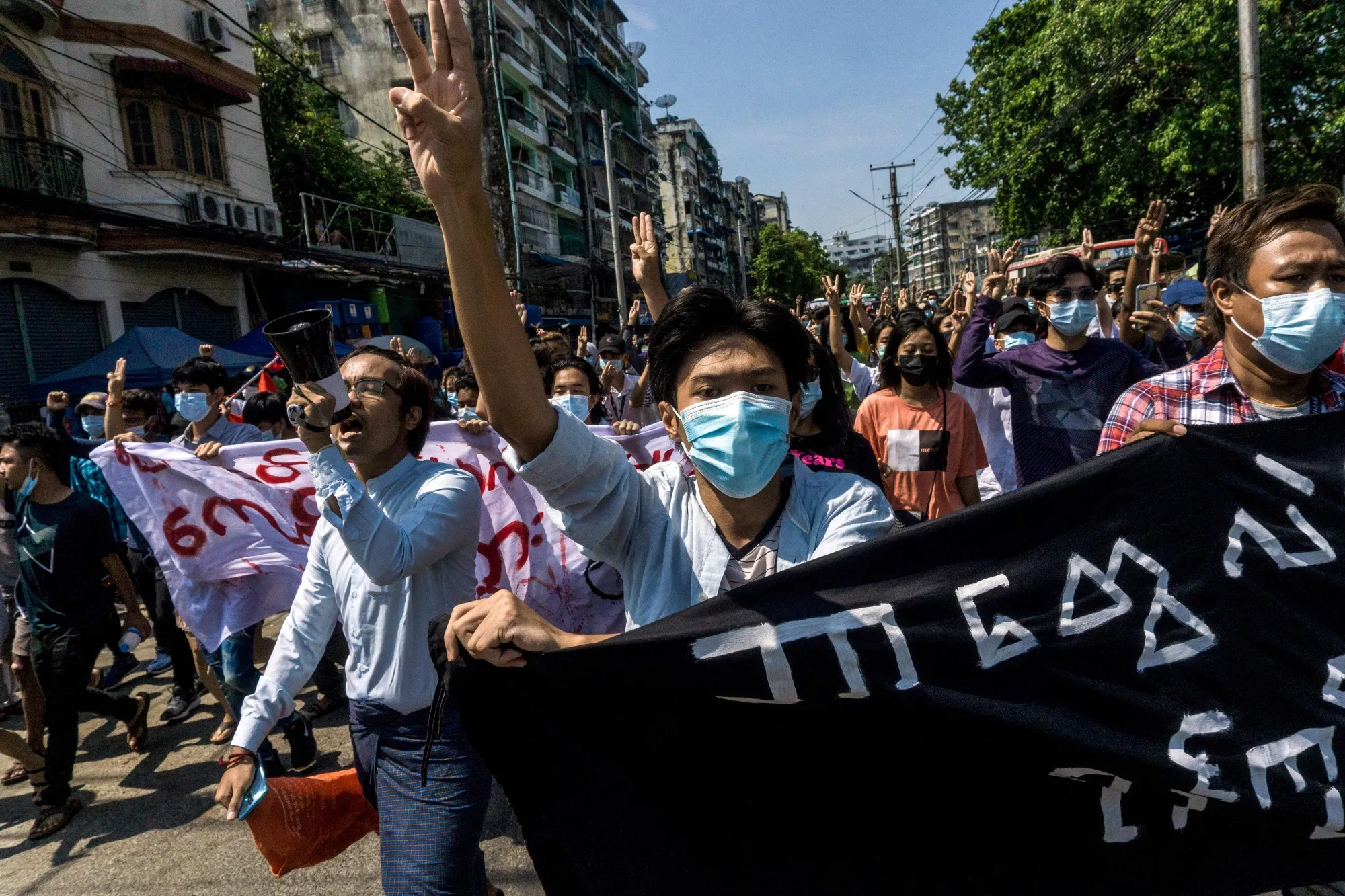 Protesters demonstrate&nbsp;against the military coup, in Yangon, Myanmar&nbsp;on May 7.