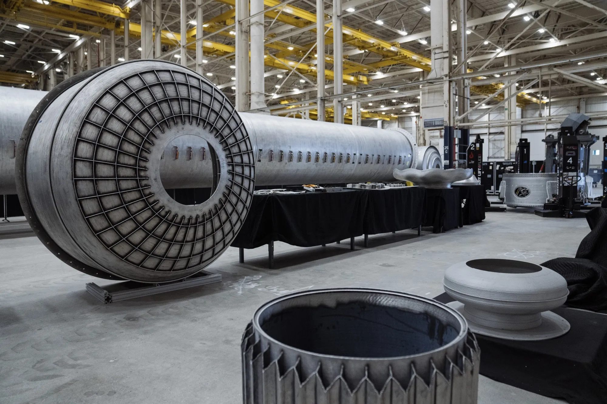 Experimental 3D printed parts at the Relativity Space Inc. manufacturing facility in Long Beach, California.