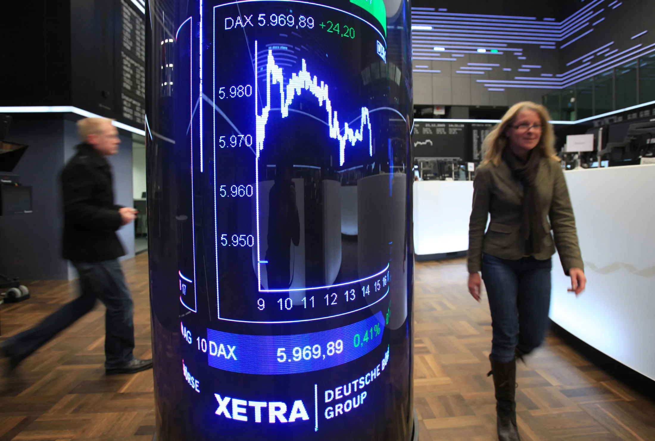 The DAX index curve is seen on an electronic column at the Frankfurt Stock Exchange in Frankfurt, Germany.
