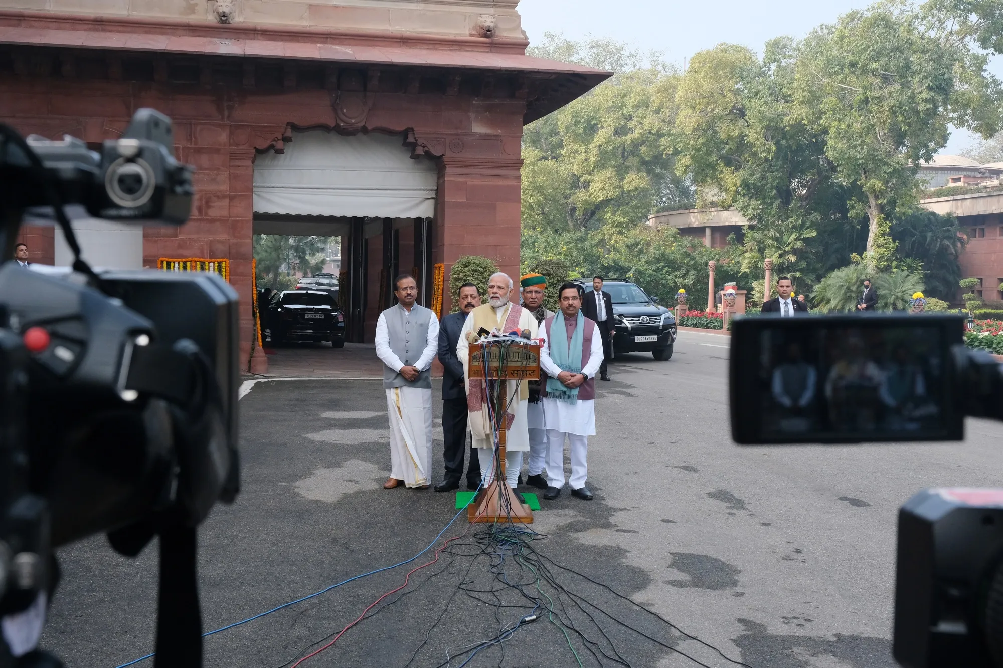 Narendra Modi at a news conference at Parliament House in New Delhi in 2023.